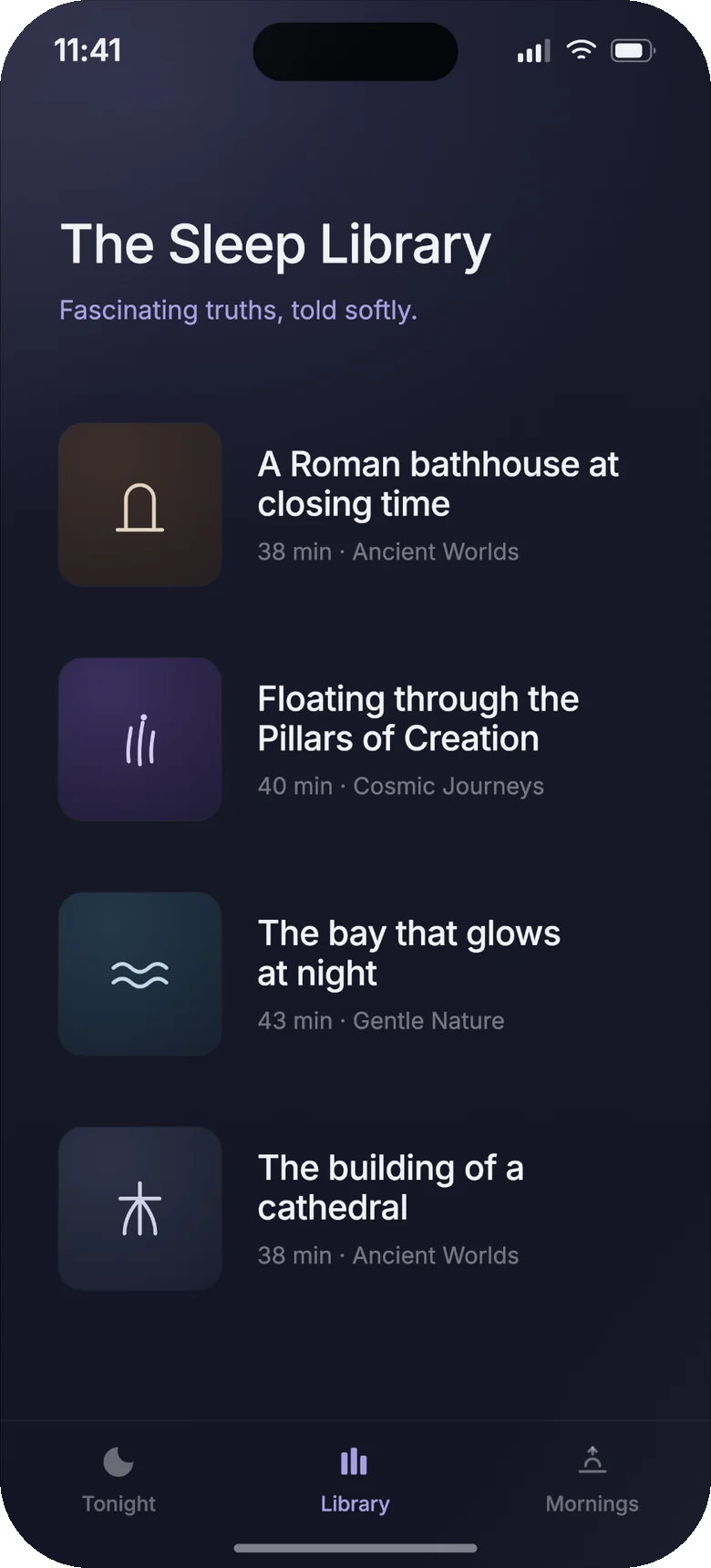 La pantalla Sleep Library: una lista de historias con títulos, duraciones y categorías, como A Roman Bathhouse at Closing Time, Floating through the Pillars of Creation, The bay that glows at night y The building of a cathedral.
