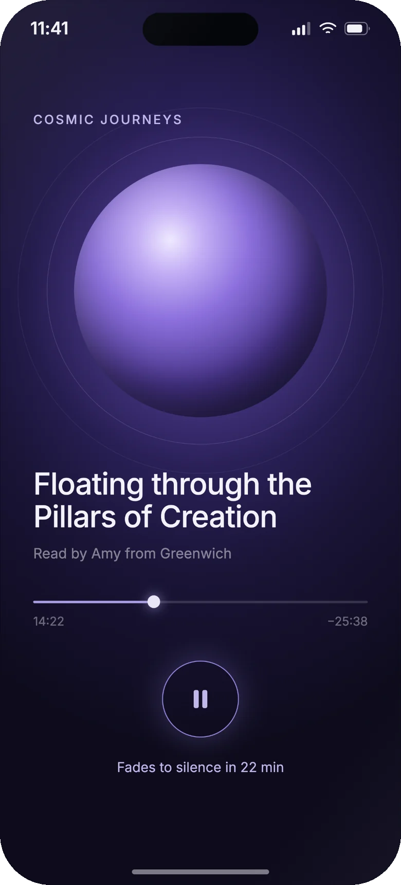 La pantalla del reproductor a media historia: “Floating through the Pillars of Creation”, leída por Amy from Greenwich, con 14:22 transcurridos y la nota “Fades to silence in 22 min.”